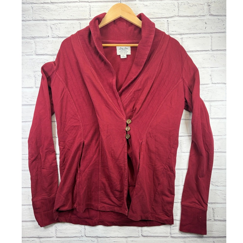 Lucky Lotus by Lucky Red Shawl-Collar Cardigan Sweater Women's L 100% Cotton